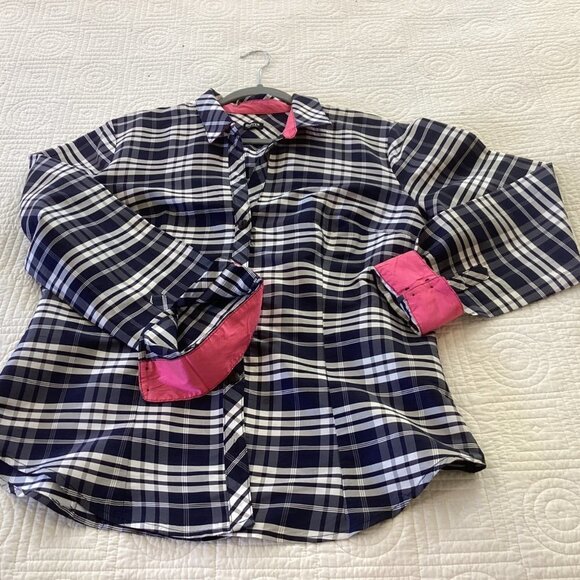 Beluva San Francisco Button Up Shirt Crinkle Blue Plaid Long Sleeves Size L - Picture 11 of 11